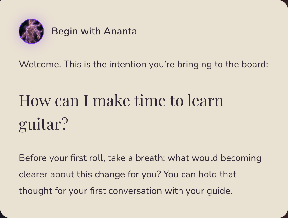 Ananta welcomes the player with the fictional question: How can I make time to learn guitar?