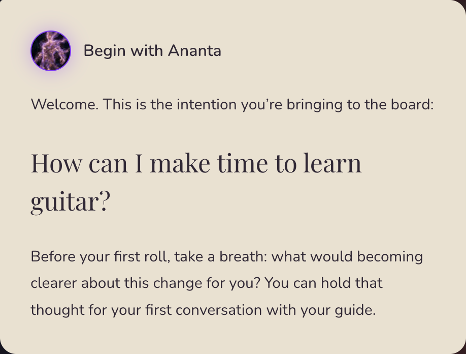 Pantalla del juego en inglés: Ananta da la bienvenida con la pregunta ficticia “How can I make time to learn guitar?”